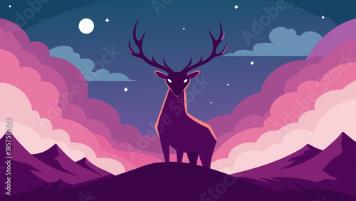 A beautiful and stylized illustration of a mystical deer with glowing eyes standing on a hill under a magical night sky with purple and pink clouds and stars.