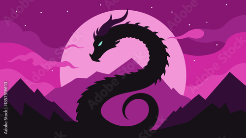 A mysterious serpent dragon silhouette illustration set in a magical fantasy landscape with purple mountains and a glowing moon under a starry night sky