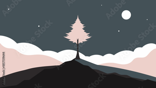 A minimalist illustration depicting a serene night landscape with a single pine tree on a hill under a starry sky and moon