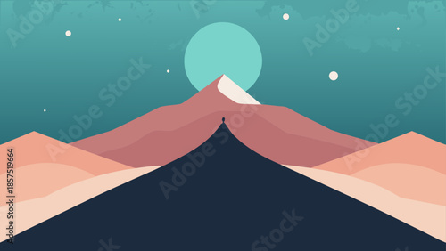 A serene minimalist vector illustration showing a solitary figure standing on a mountain peak under a large turquoise moon in a layered landscape.