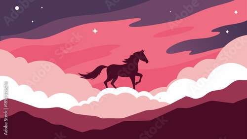 Ethereal Fantasy Illustration Featuring a Horse Silhouette Majestically Walking Across Soft Pink Clouds in a Dreamlike Landscape with Mountains and a Starry Sky