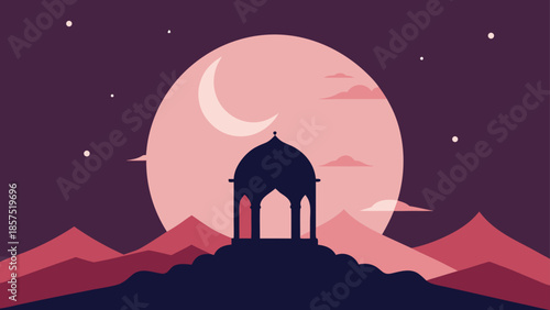 Minimalist flat vector illustration showing a dark pavilion silhouette on a mountaintop against a large pink moon in a mystical night sky