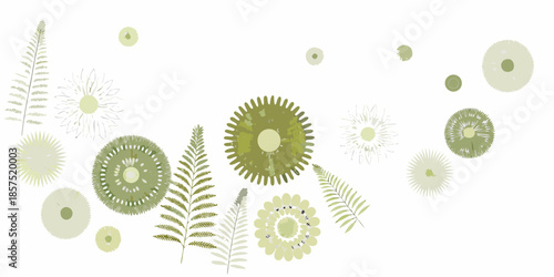 A delicate arrangement of green floral and fern botanical illustrations