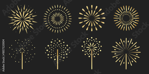 Golden firework displays and sparkling starbursts on a dark background