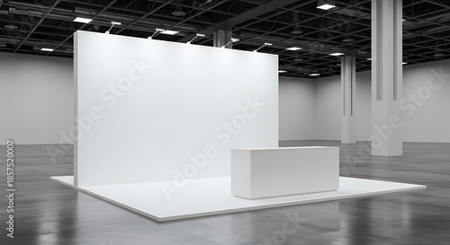 Modern white modular exhibition stand with a large back wall and simple counter in a vast, empty convention center hall