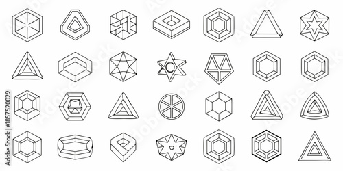 An assortment of geometric shapes and isometric designs in black and white