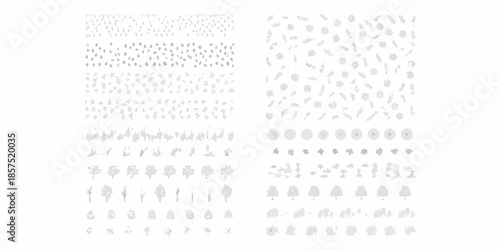 Abstract patterns of scattered dots and lines on a white background