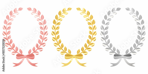 Four laurel wreaths in gold silver bronze and pink with bows