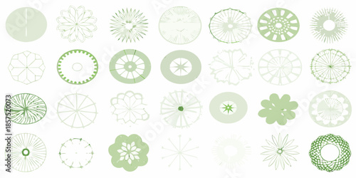 Collection of various pale green circular floral and geometric design elements