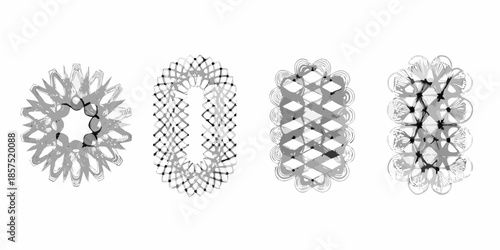 Four intricate geometric designs resembling floral or snowflake patterns displayed in grayscale