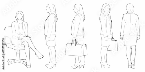 Stylized outline of a woman in business attire shown from multiple angles