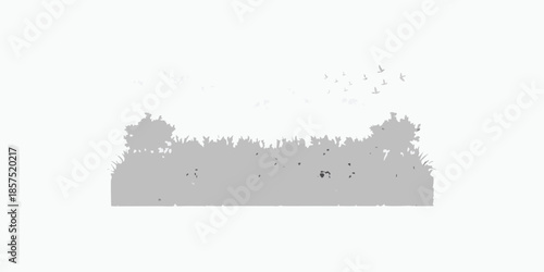 A minimalist grayscale landscape featuring silhouetted trees and a flock of birds