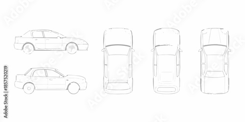 Detailed line drawing showcases a sedan car from multiple perspectives