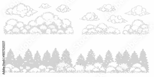 A simple grayscale illustration featuring clouds treetops and a conifer forest
