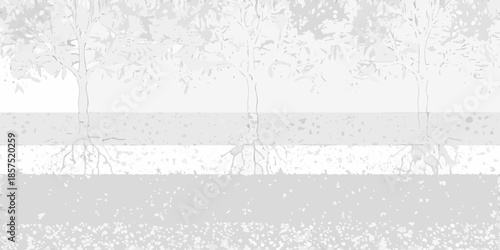 A grayscale illustration of trees a road and a blurred figure walking