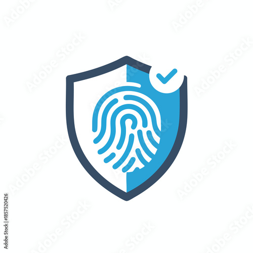 Icon depicts a fingerprint inside a shield with a checkmark, in blue and navy