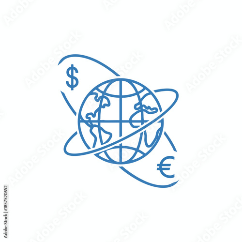 Blue outline globe with orbit lines, dollar, and euro symbols