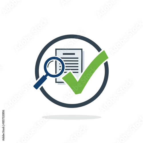 A document with a magnifying glass, and check mark inside a circle