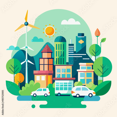 Sustainable cityscape with renewable energy sources