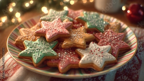 star-shaped Christmas cookies on striped plate