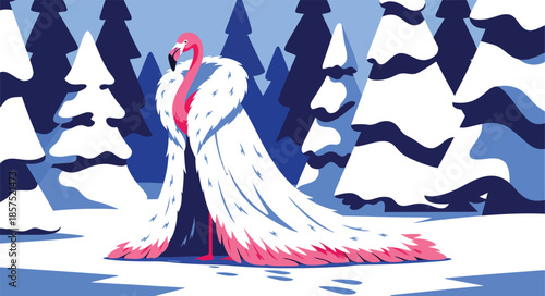 Pink flamingo wearing a luxurious white fur coat in a snowy winter forest. Funny surreal vector illustration. Flat design bird character in cold nature background.