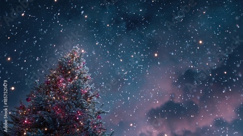 starry snowy night sky over a decorated Christmas tree