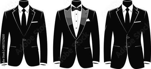 Men’s formal suit vector illustration set, tuxedo and business attire comparison, fashion design, cad drawing flat vector illustration