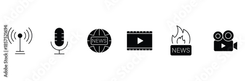 Mass Media Solid Icons. Set of  solid icons including news, television, radio, microphone, press, journalism, and broadcasting.
