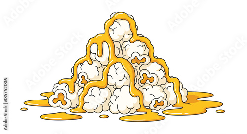 Popcorn pile with melted butter. Heap of popped corn kernels with yellow topping. Cinema snack vector illustration in cartoon style.