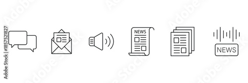 Mass Media Line Icons. Set of  line icons including news, television, radio, microphone, press, journalism, and broadcasting.