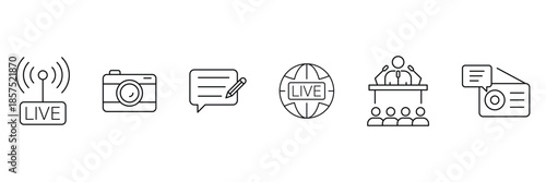 Mass Media Line Icons. Set of  line icons including news, television, radio, microphone, press, journalism, and broadcasting.