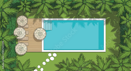 Top view of swimming pool with wooden deck and umbrellas. Aerial vector illustration of tropical garden with palm trees and sun loungers.