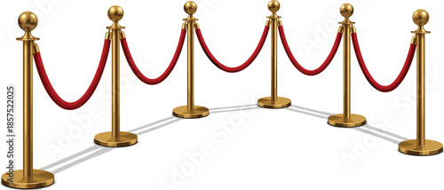 Luxury red velvet rope barrier illustration, golden stanchions crowd control system, VIP event entrance security concept, elegant realistic vector design