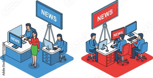Contrasting newsroom vector illustration, calm vs intense media setup, editorial environment comparison, cad drawing flat vector illustration