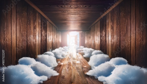 surreal and mysterious hallway with a wooden floor covered in soft white fluff