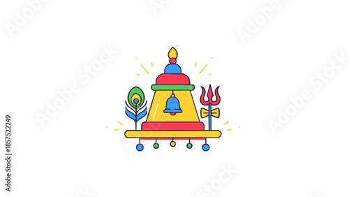 Vibrant colorful illustration of a buddhist prayer wheel with symbolic elements and ornaments on a white background