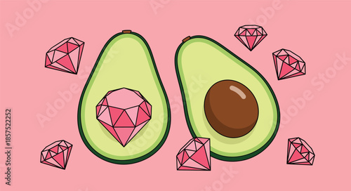 Surreal vector illustration of avocado with pink diamond pit. Creative pop art concept of luxury fruit and gemstones on pink background.