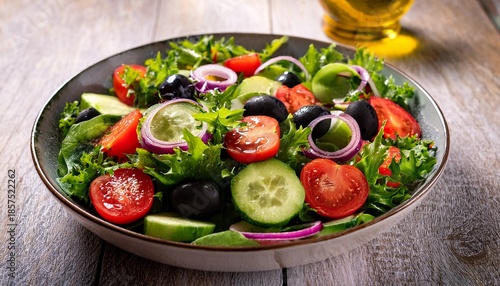 fresh mixed salad with greens cherry tomatoes cucumber red onion black olives olive oil drizzle