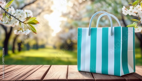 turquoise and white striped paper gift bag mockup on a wooden table with a spring blossom background