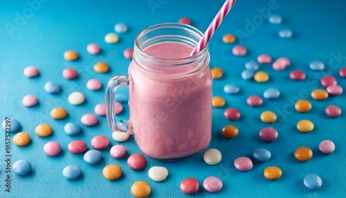 pink smoothie in glass jar with striped straw sits on blue surface surrounded by colorful candies