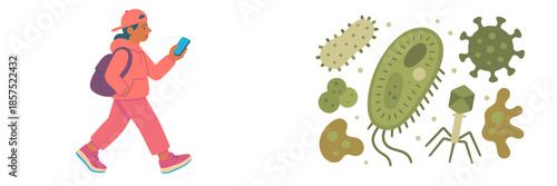 Walking boy with smartphone surrounded by colorful microbes