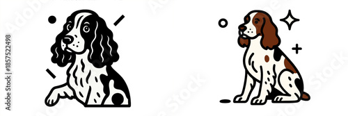 This vector illustration features two adorable spaniel dogs