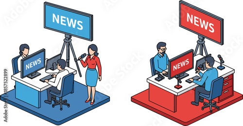 News broadcasting vs podcast setup vector, media production illustration, digital journalism concept, cad drawing flat vector illustration