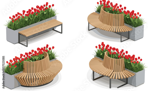 Urban outdoor bench planter set, modern seating with tulips, public park furniture, landscape design, cad drawing flat vector illustration