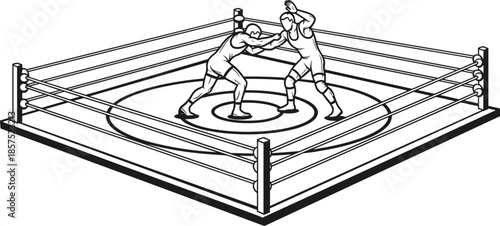 Wrestling match in ring vector illustration, two fighters grappling inside boxing arena, combat sport line art design isolated on white