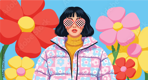 Trendy woman in floral puffer jacket and checkerboard sunglasses. Vector illustration of fashion girl with colorful flowers background.