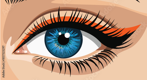 Close up of beautiful blue woman eye with long eyelashes and orange eyeliner. Vector illustration of female face with fashion makeup. Sexy open eye looking forward.