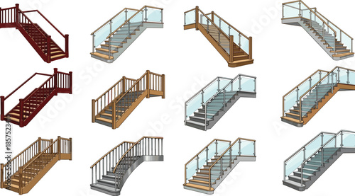 Modern staircase vector illustration set, 3D architectural design with railing styles and materials, cad drawing flat vector illustration