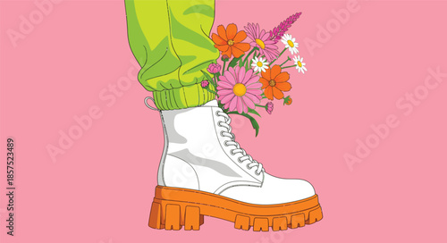 Trendy white platform boot with spring flower bouquet. Vector fashion illustration of leg in green joggers with blooming wildflowers on pink background.