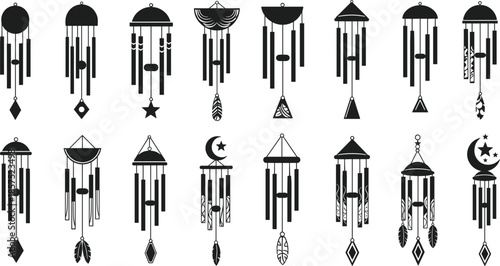 Black and white wind chime vector set, celestial and tribal design elements, decorative hanging art, cad drawing flat vector illustration